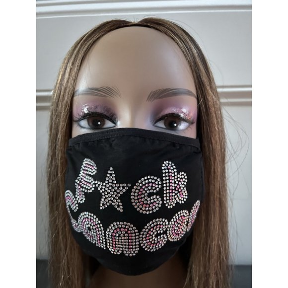 Breast Cancer Awareness F*ck Cancer Bling Face Mask Rhinestone - Picture 4 of 11
